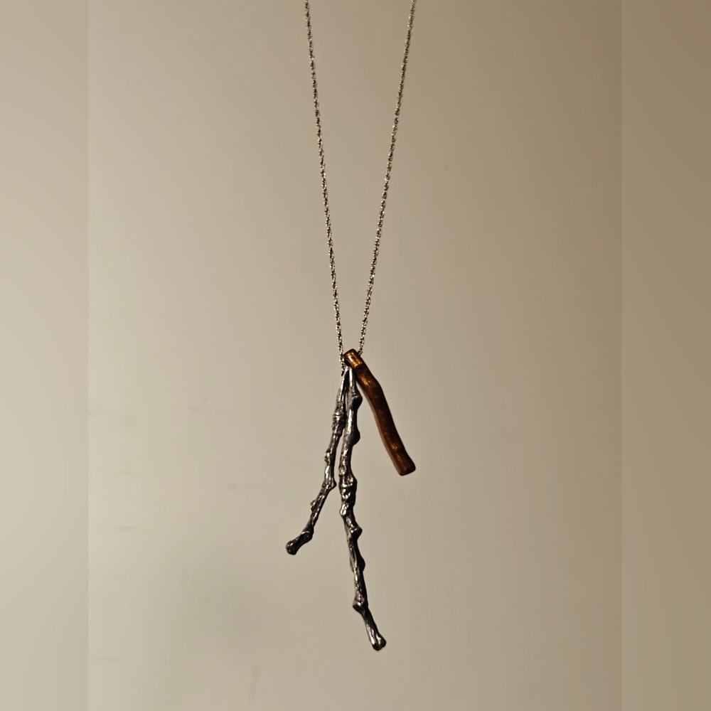 Handmade Oxidized Silver 925 & Gold Lacquer Coral Twig Branch Pendants Necklace - Picture 2 of 12